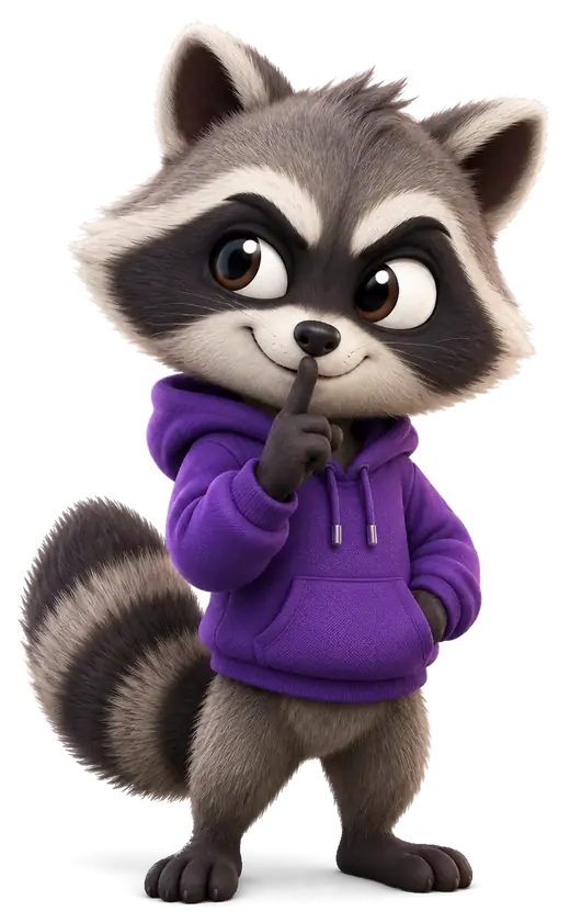Sneaky the raccoon in a purple hoodie, finger to his lips: shh!
